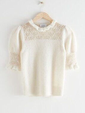 New Tags & Other Stories Cream Ruffled Puff Sleeve Pointelle Knit Top, size S